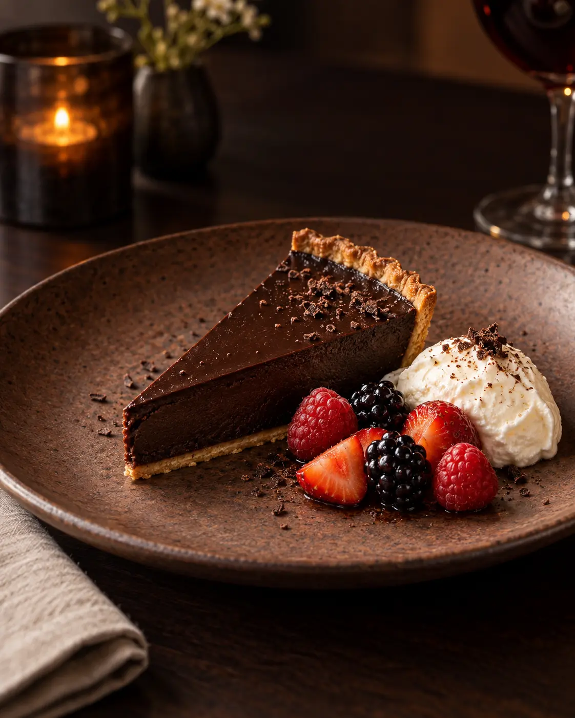 Dark chocolate tart with berries and cream