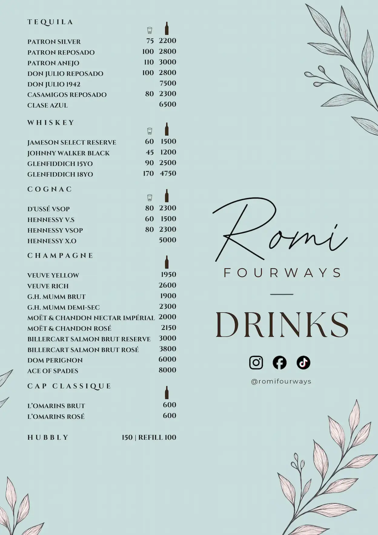 Romi drinks menu — page 1